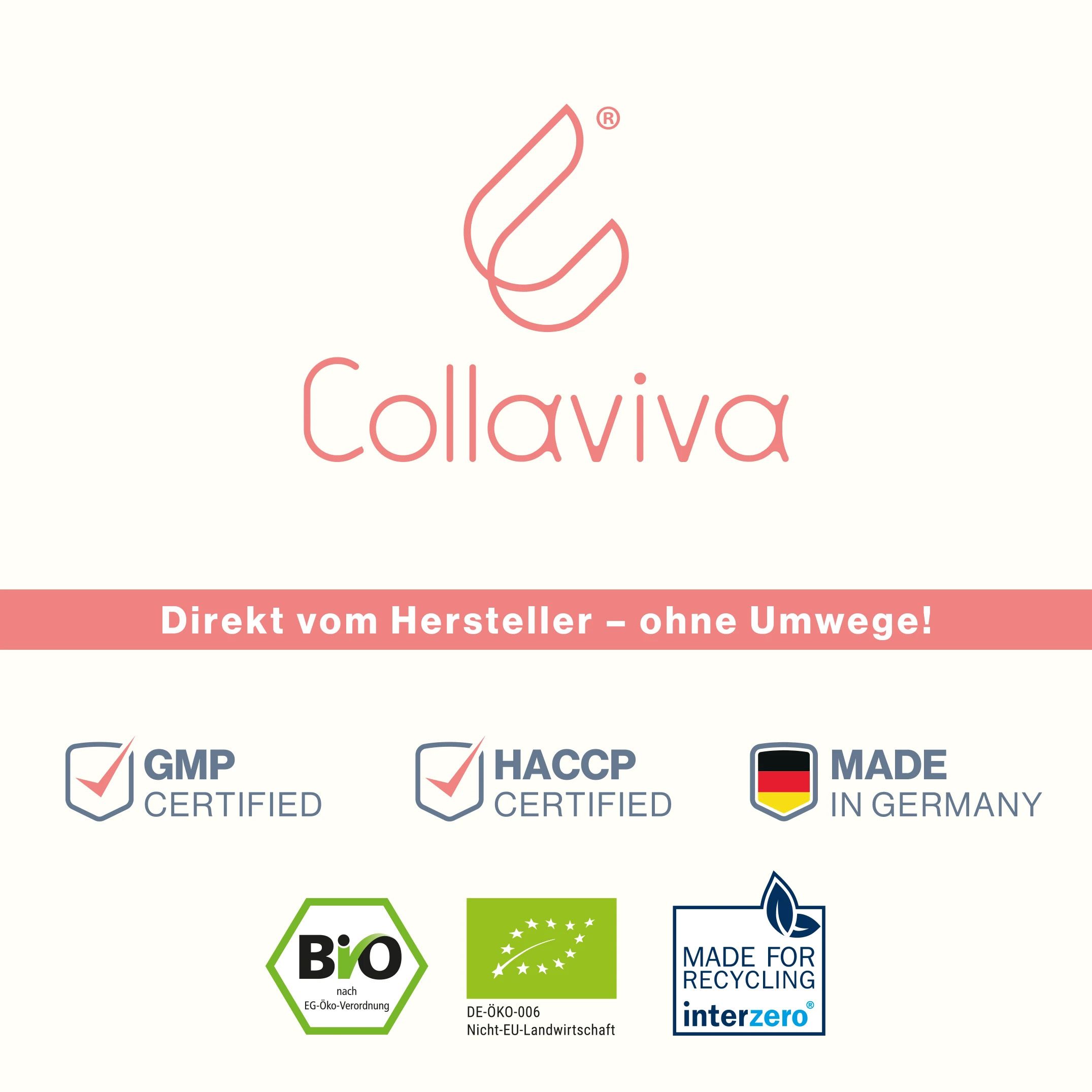 Logo "Collaviva". Zertifizierungen: GMP Certified, HACCP Certified, Made in Germany, Bio, EU-Bio-Siegel, Made for Recycling.