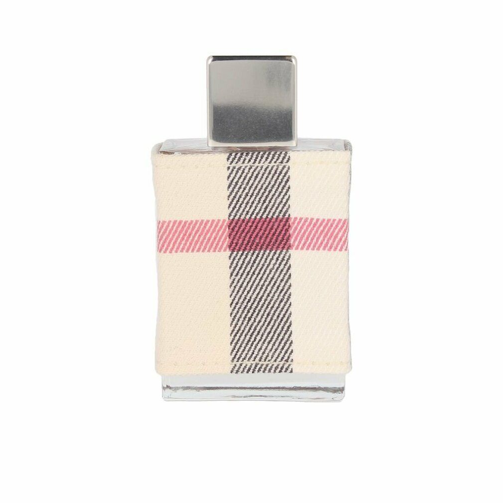 Burberry London for Her Eau de Parfum Spray Flakon. Rechteckige Form, Karomuster. Silberner Verschluss. Glasflakon.