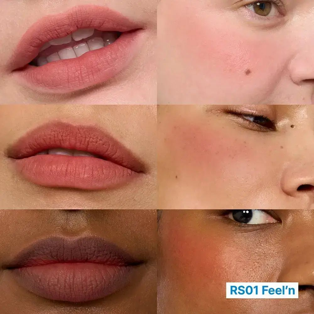Mehrere Lippen- und Wangen-Anwendungen. Verschiedene Hauttöne mit Rouge-Effekt. Text: RS01 Feel'n.