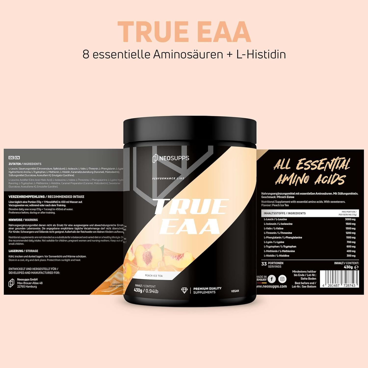 Schwarze Dose "TRUE EAA" mit Etikett und Produktinformationen. Text: 8 essentielle Aminosäuren + L-Histidin, ALL ESSENTIAL AMINO ACIDS.