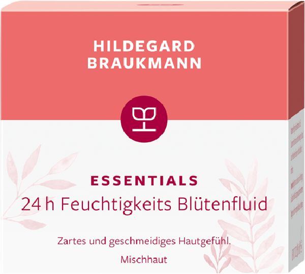 Verpackung mit Produktnamen und Logo. Text: Essentials 24h Feuchtigkeits Blütenfluid. Zartes und geschmeidiges Hautgefühl. Mischhaut.