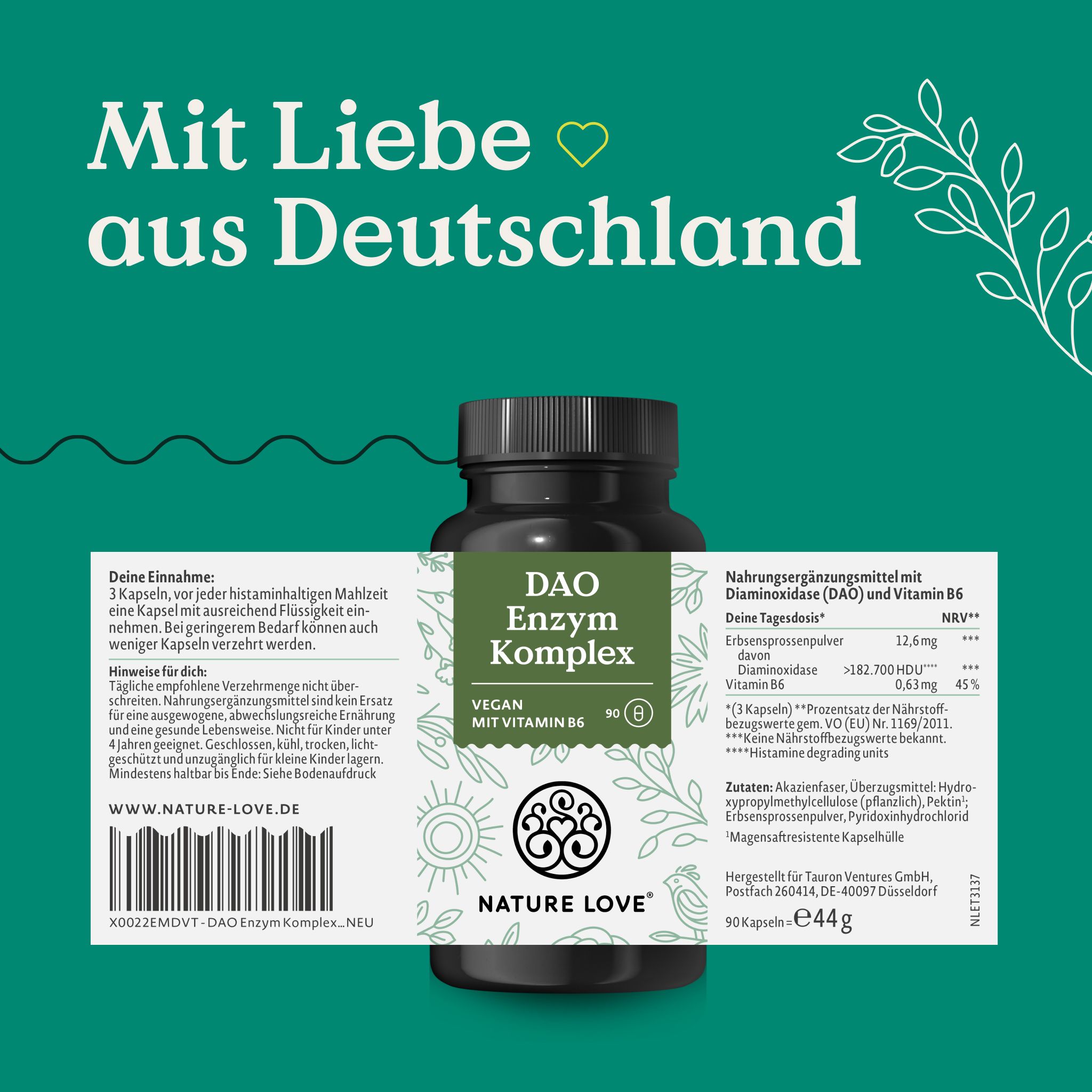 Produktflasche mit Etikett. Text: DAO Enzym Komplex, Vegan, Vitamin B6. Inhaltsangaben. Marke: NATURE LOVE®. Hergestellt in Deutschland.
