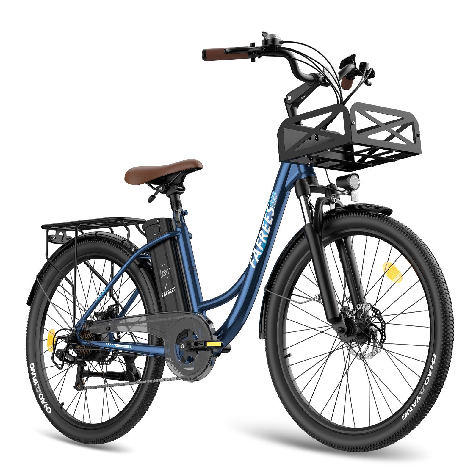 Blaues E-Bike mit braunem Sattel, Gepäckträger und Korb. Marke FAFREES.