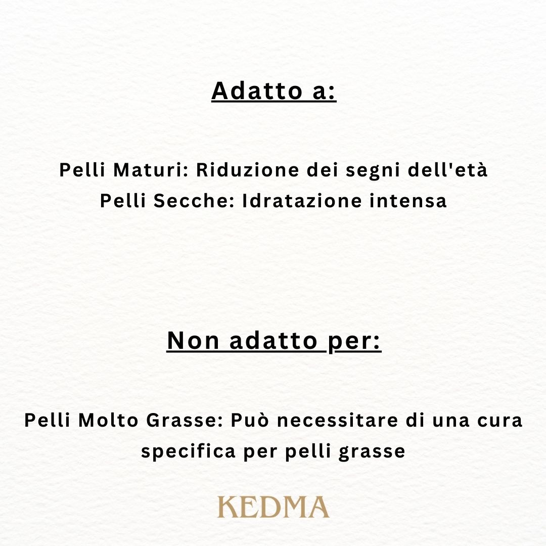 Testo su sfondo color crema: Adatto a: Pelli mature, pelli secche. Non adatto per: Pelli molto grasse. KEDMA.