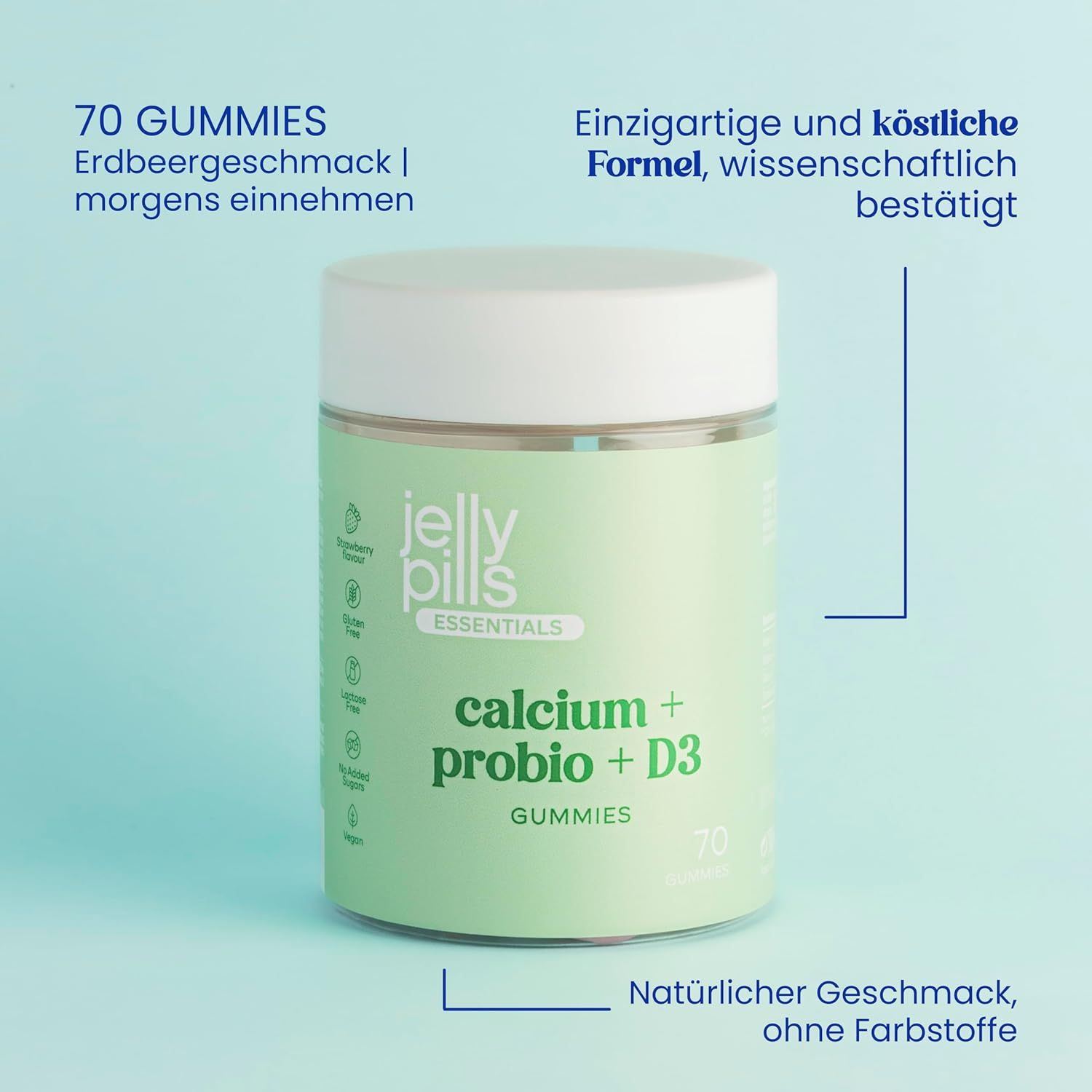 Grüne Dose "Jelly Pills Essentials" mit "Calcium + Probio + D3 Gummies". 70 Gummies. Natürlicher Geschmack, ohne Farbstoffe.
