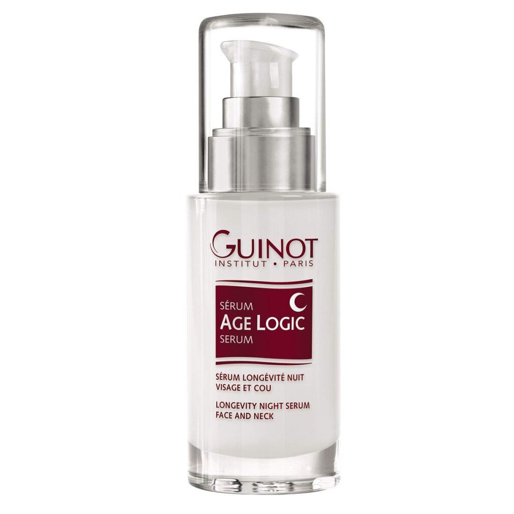 Serumflasche mit Pumpe. Aufschrift: Guinot, Age Logic Serum. Roter Aufkleber mit Text.