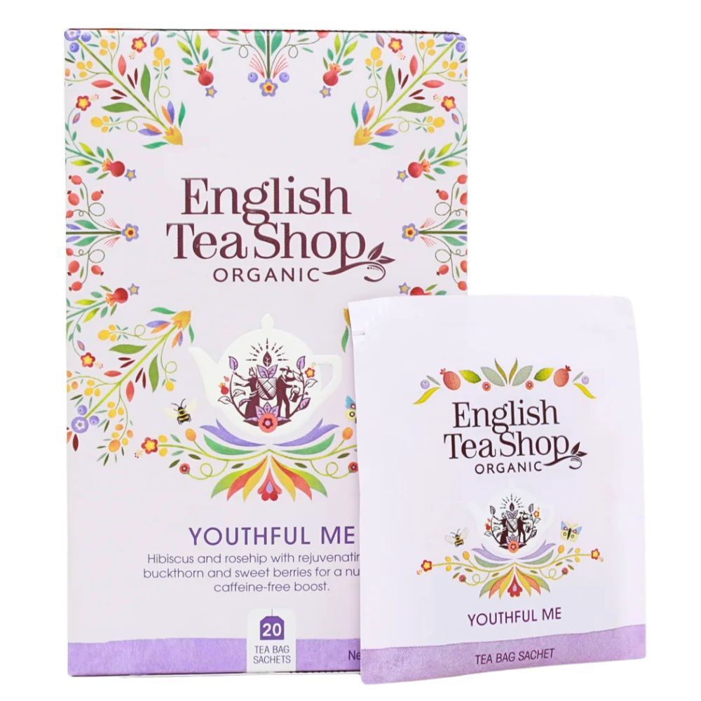ETS - Youthful Me Tee, Verpackung und Teebeutel. Aufdruck: English Tea Shop Organic, 20 Teebeutel, Hibiskus, Hagebutte, Sanddorn, süße Beeren.