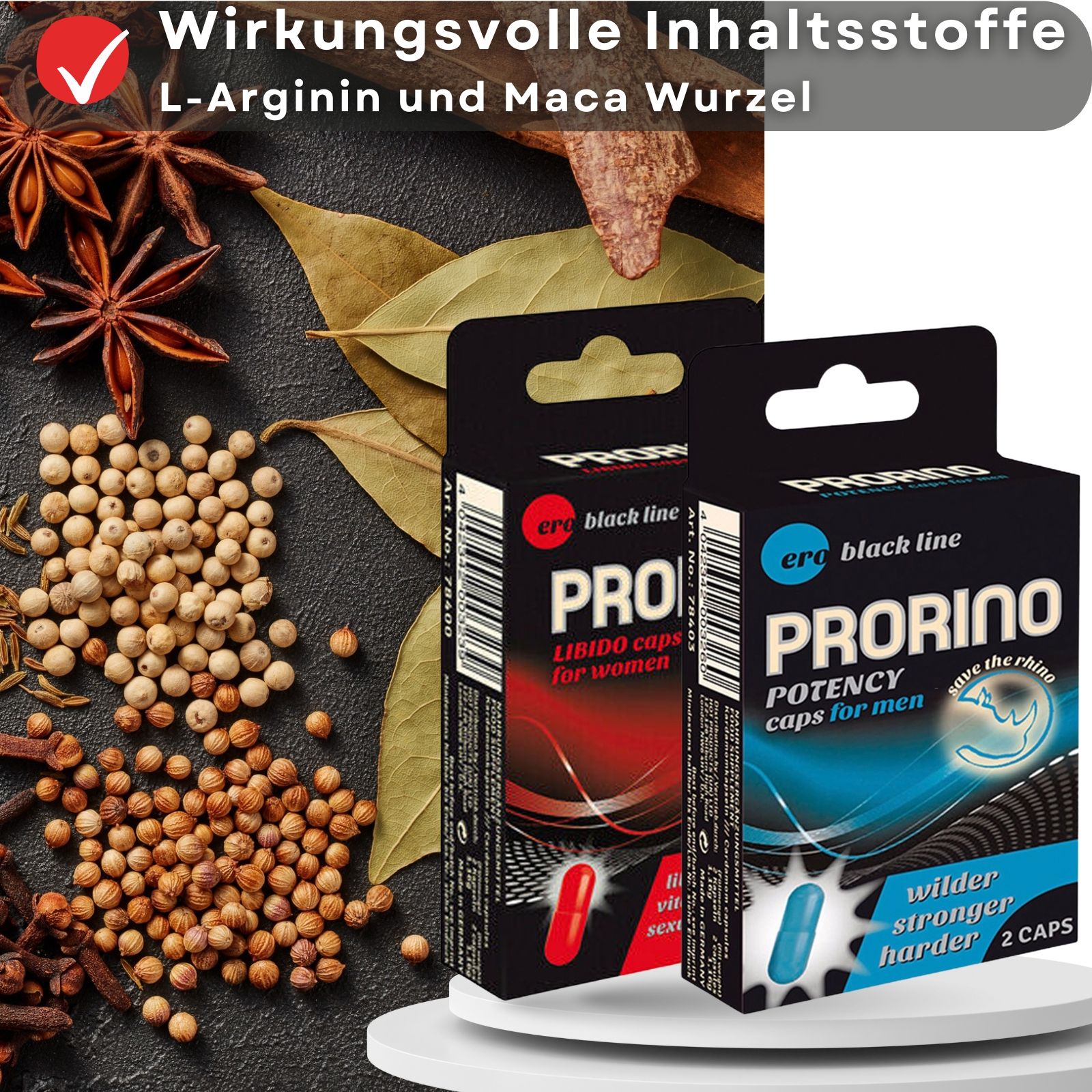 Zwei Prorino-Schachteln mit Kräutern und Gewürzen. Eine rote und eine blaue Kapsel sind sichtbar.