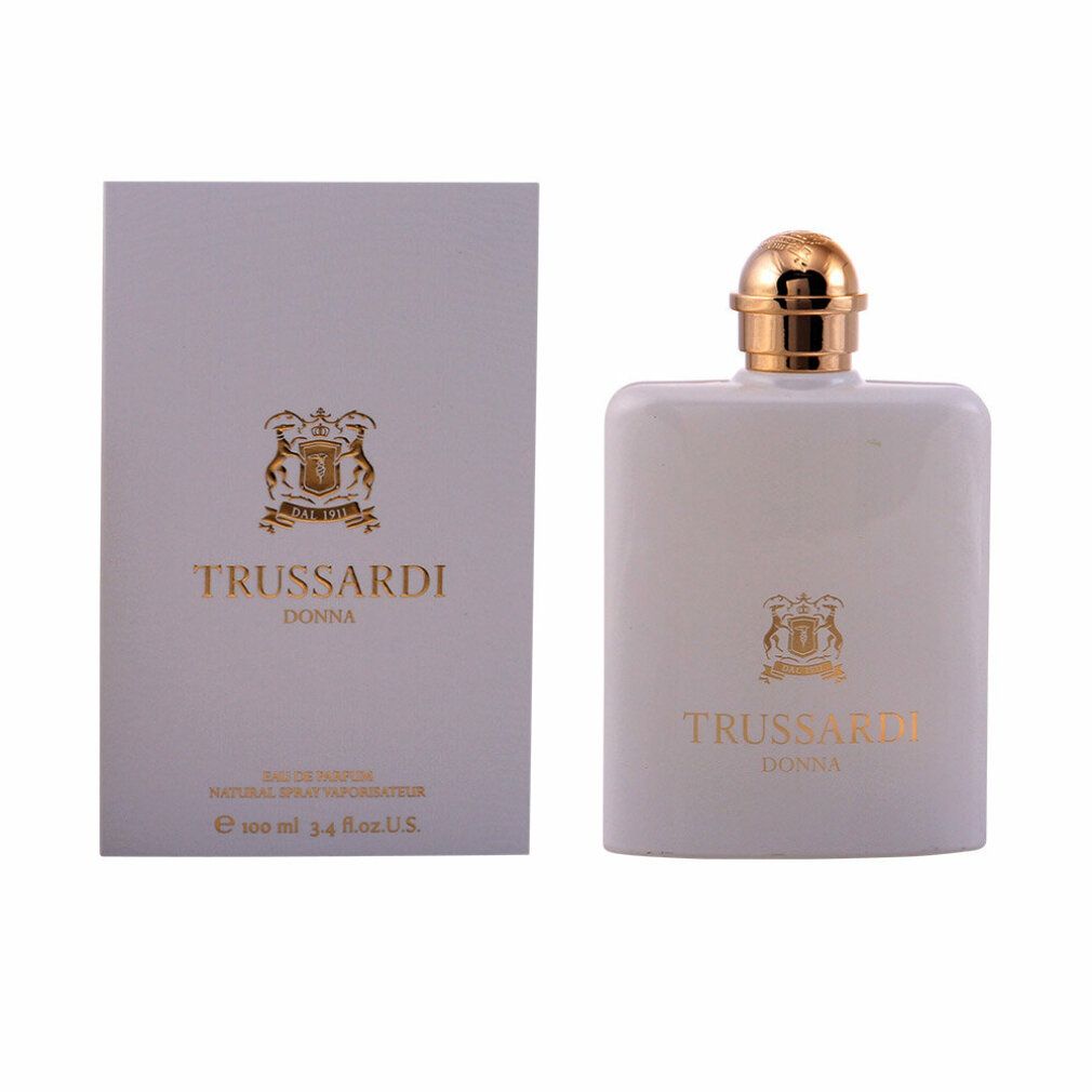 Trussardi Donna Eau de Parfum Flasche und Verpackung. Schlichtes weißes Design.