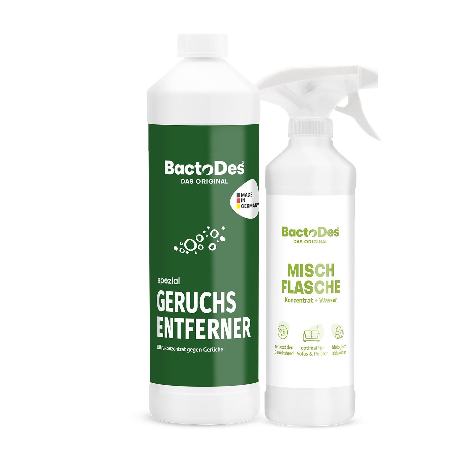 Zwei weiße Flaschen. Eine mit grünem Etikett, "GERUCHS ENTFERNER". Die andere mit Sprühkopf, "MISCH FLASCHE". Beide mit Logo und Text.