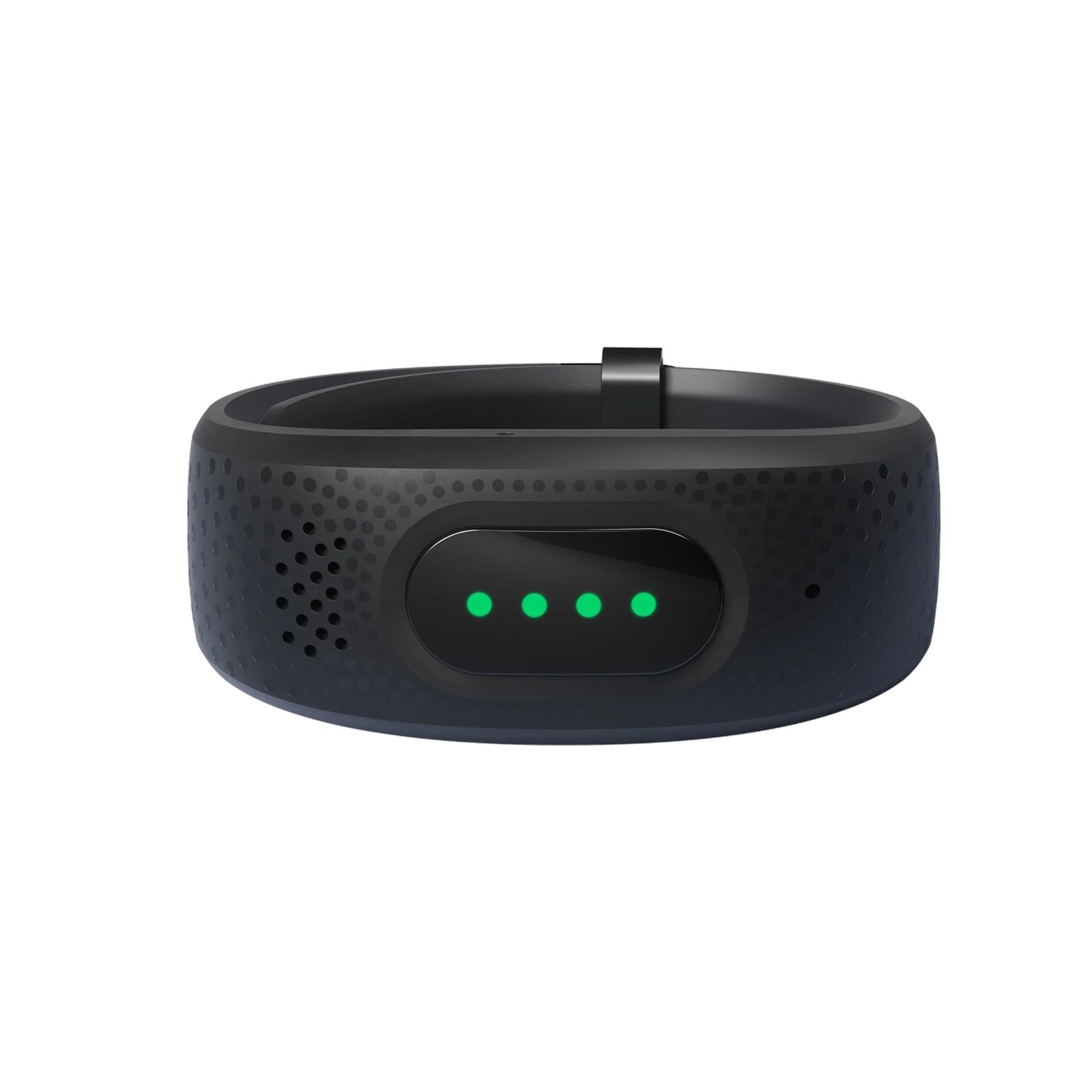 Schwarzes Notrufarmband mit grüner Anzeige. Oberseite mit drei grünen Lichtern. Schwarzes Armband.