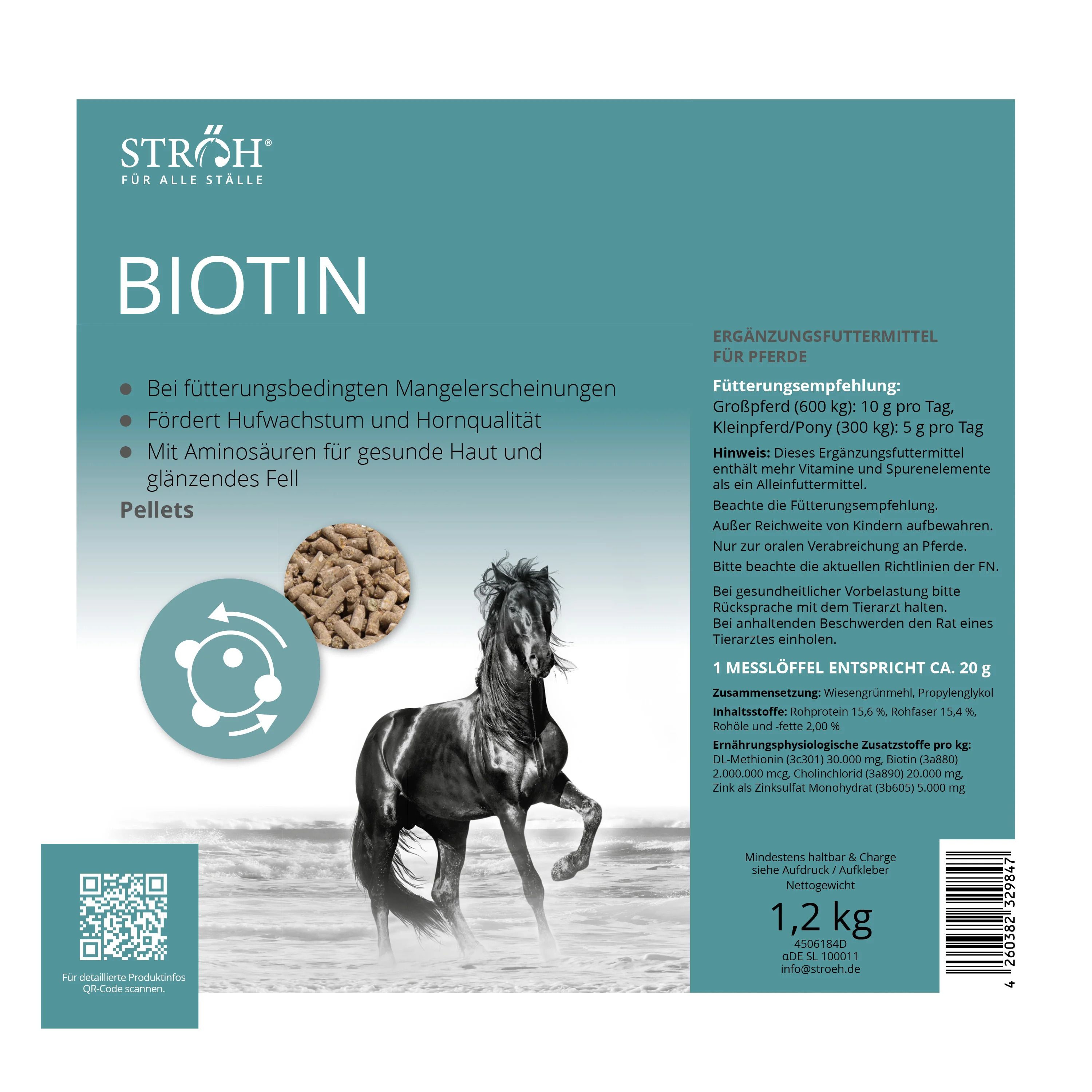 Verpackung mit Biotin-Pellets. Aufschrift: STRÖH, BIOTIN, Pellets. Abbildung eines Pferdes. Text über Fütterungsempfehlung.