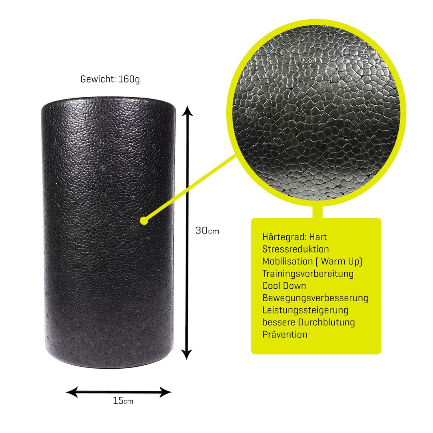 Schwarze Faszienrolle mit Noppen. Maße: 30cm hoch, 15cm Durchmesser. Text: Härtegrad, Stressreduktion, Mobilisation, etc.