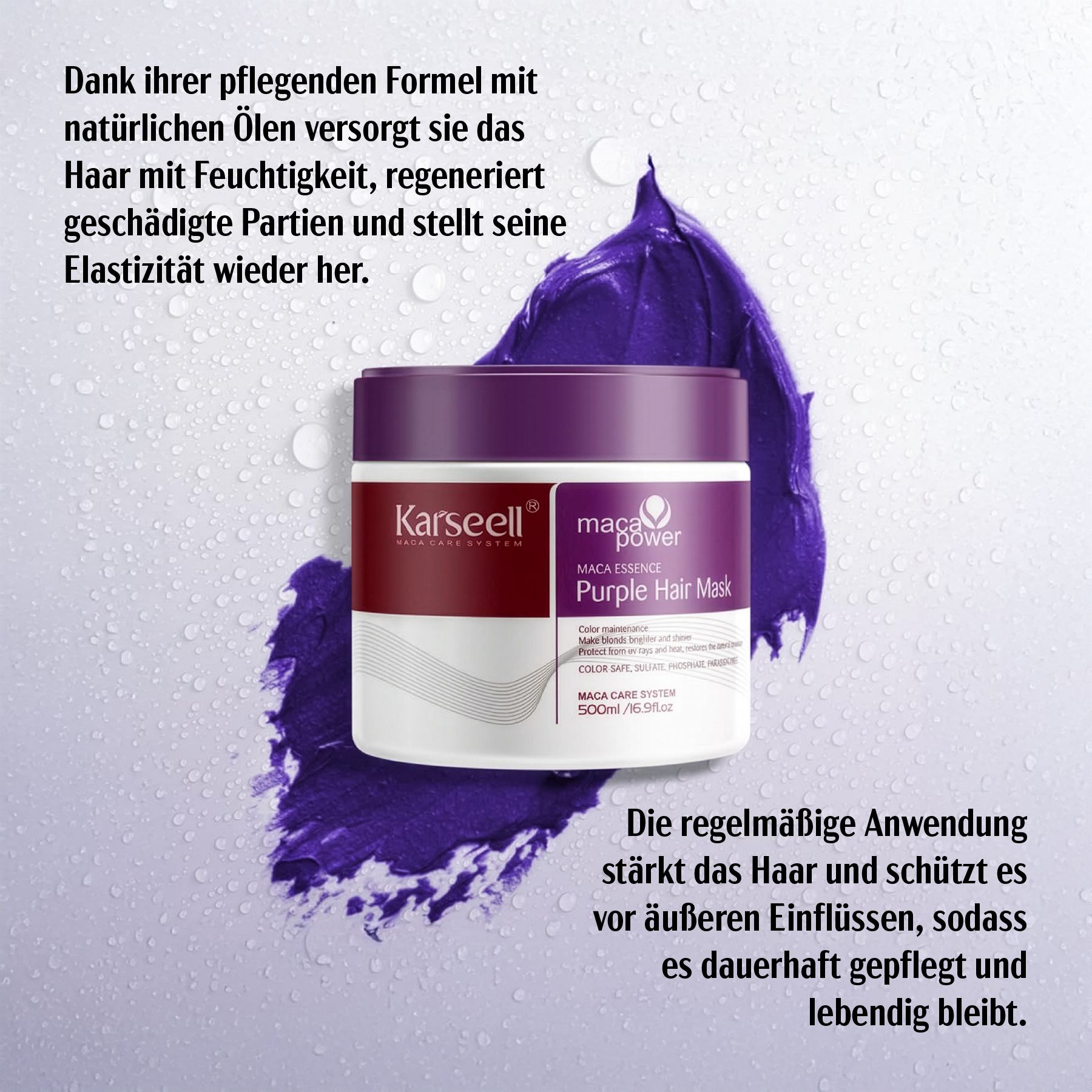 Karseell Haarmaske Purple. Produktverpackung mit lila Farbspritzer. Text: Maca Essence Purple Hair Mask.