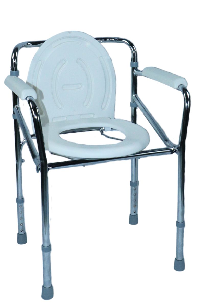 Toilettenstuhl mit weißem Sitz, Armlehnen und höhenverstellbaren Beinen. Metallrahmen.