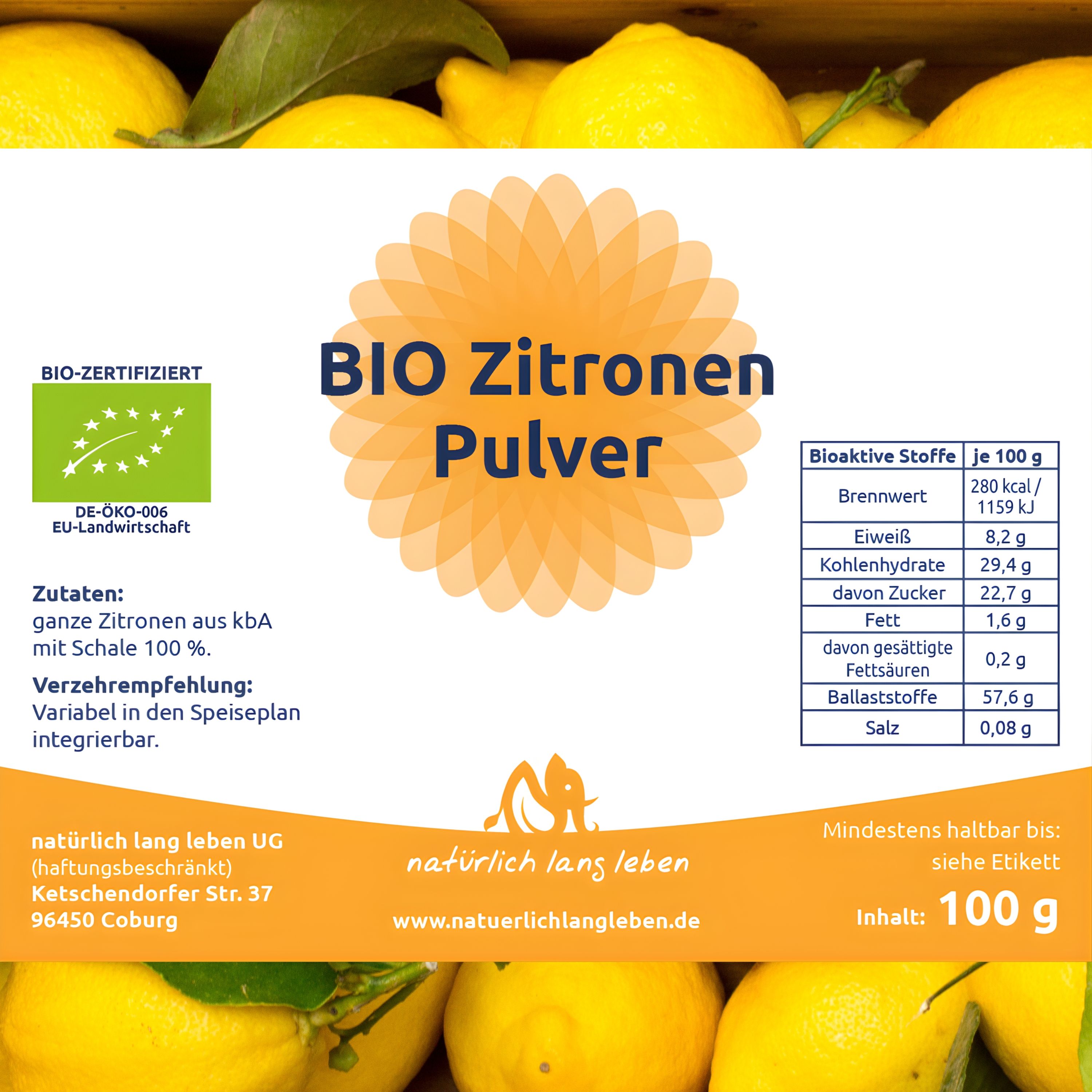 Etikett mit BIO Zitronen Pulver. Enthält Nährwertangaben und EU-Bio-Logo. Aufschrift: natürlich lang leben.