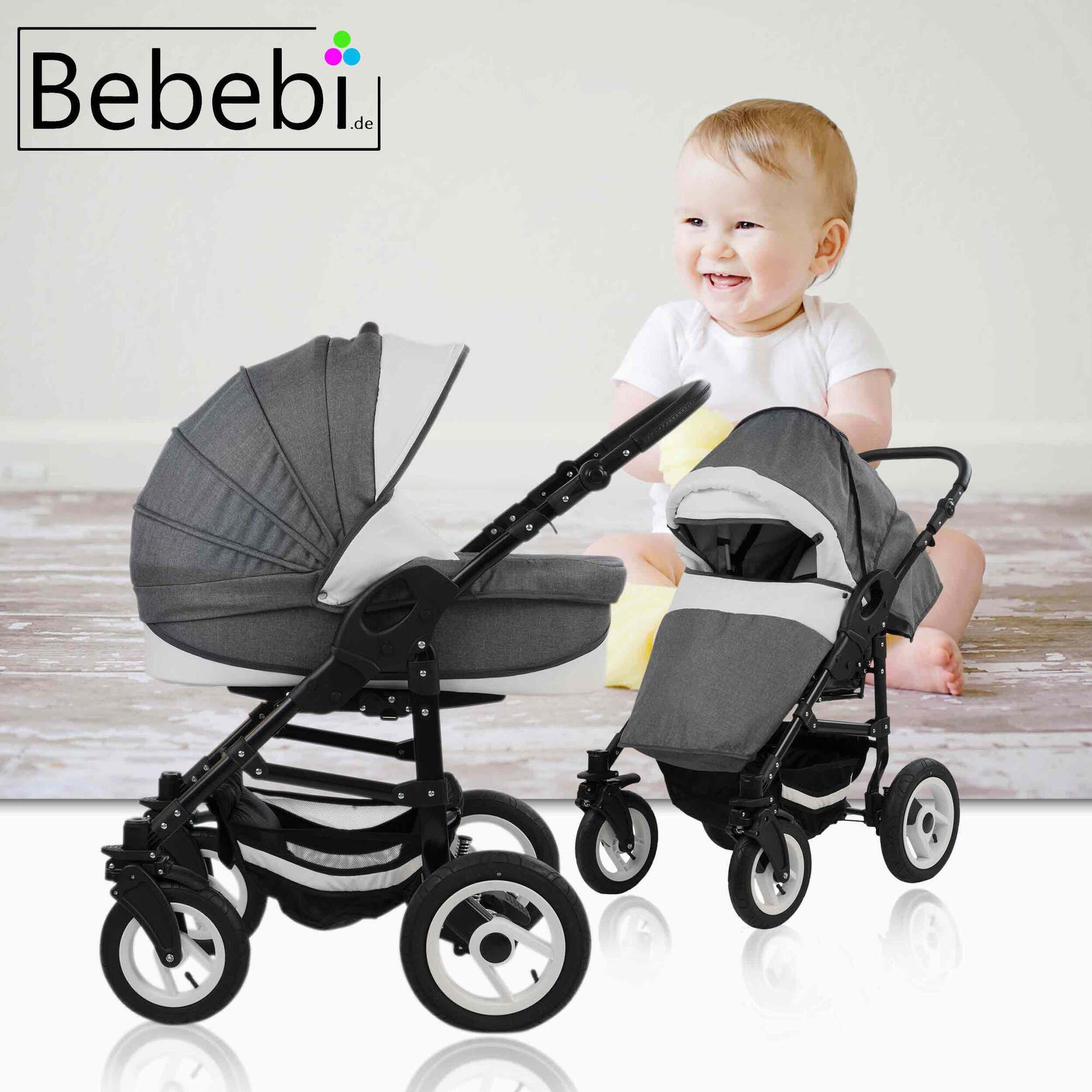Kombikinderwagen, grau-schwarz, mit Hartgummireifen. Marke Bebebi. Zwei Ansichten mit Kind.