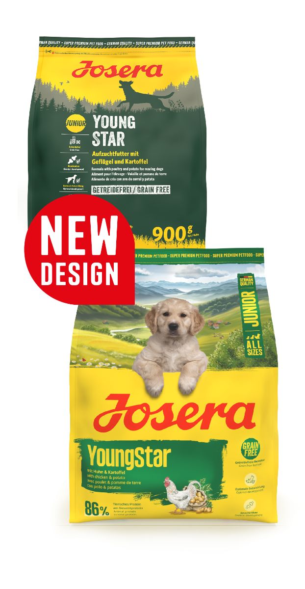 Zwei Hundefutter-Verpackungen. Eine grüne, eine gelbe. Roter Aufkleber: NEW DESIGN. Text: JOSERA YoungStar, Junior, Getreidefrei.