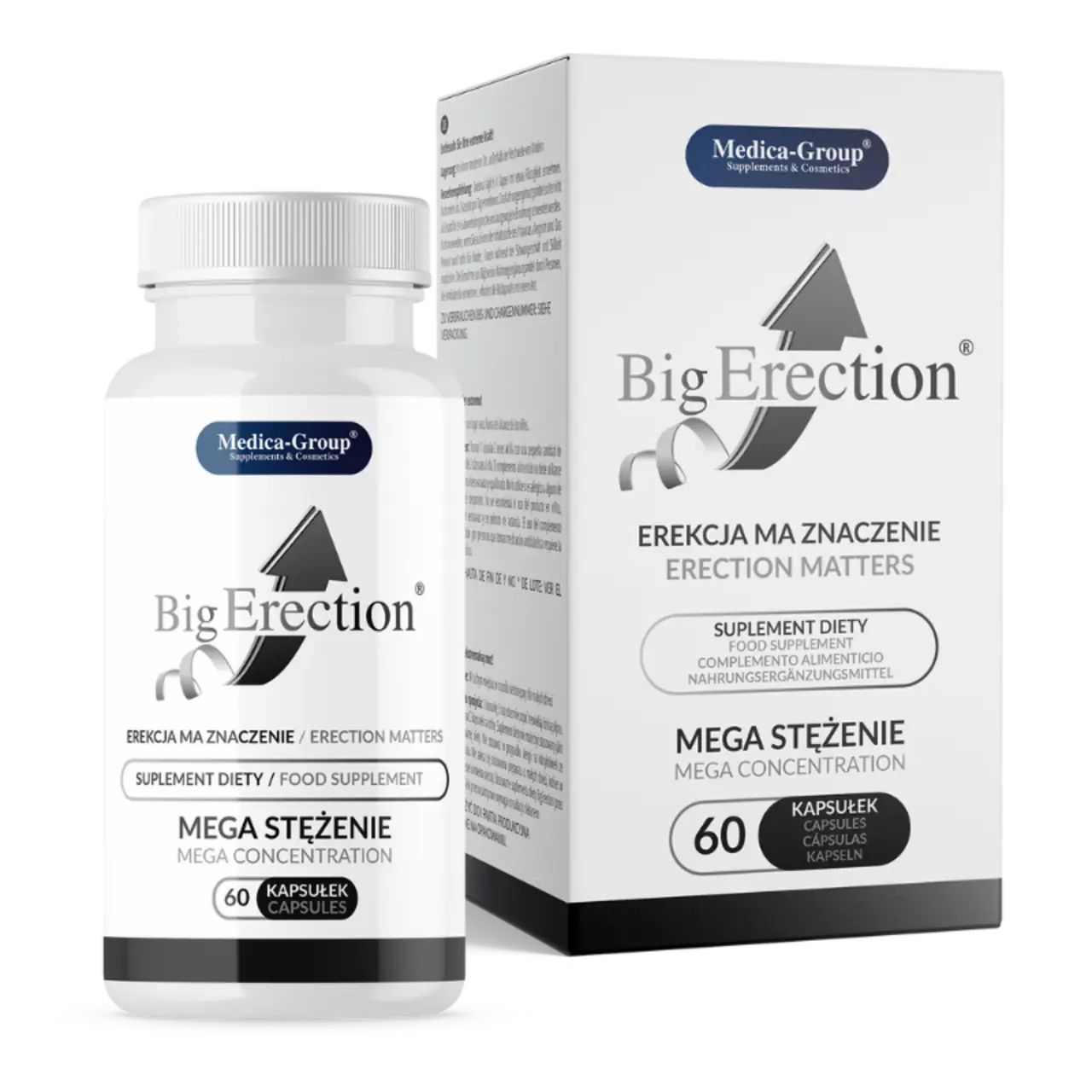 Weiße Kapsel-Flasche und Schachtel. Aufschrift "Big Erection", "Mega Konzentration". 60 Kapseln. Medica-Group Logo. Pfeil-Grafik.
