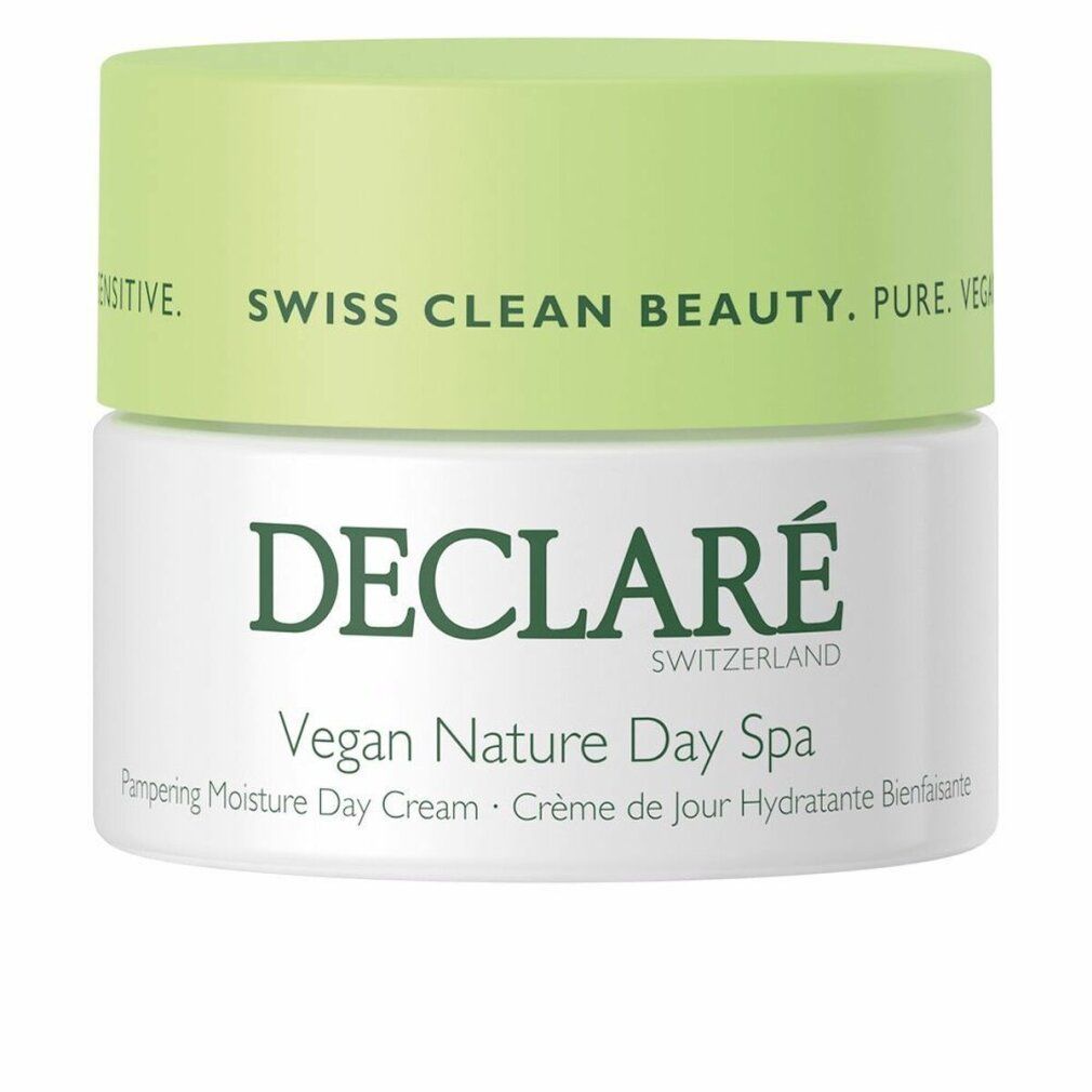Creme-Tiegel mit grünem Deckel. Aufschrift: DECLARÉ, Vegan Nature Day Spa. Text: Pampering Moisture Day Cream.