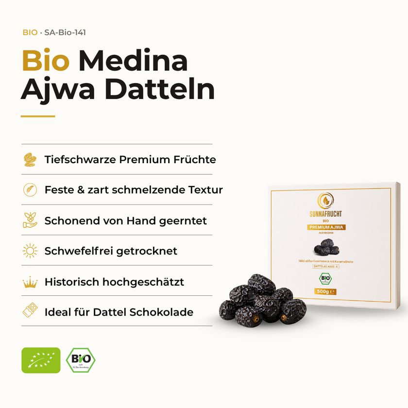 SUNNAFRUCHT BIO Medina Ajwa Datteln: tiefschwarze Früchte, schonend geerntet, schwefelfrei getrocknet.