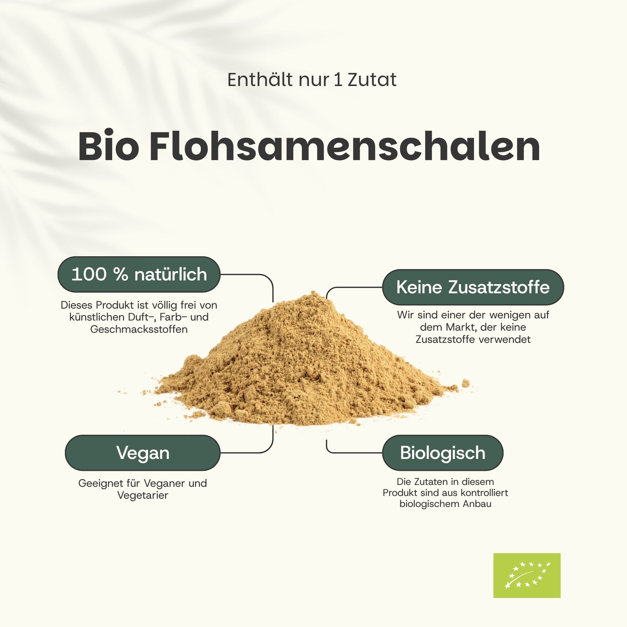 Text mit Psyllium Husk. Text: Bio Flohsamenschalen, 100% natürlich, vegan, biologisch.