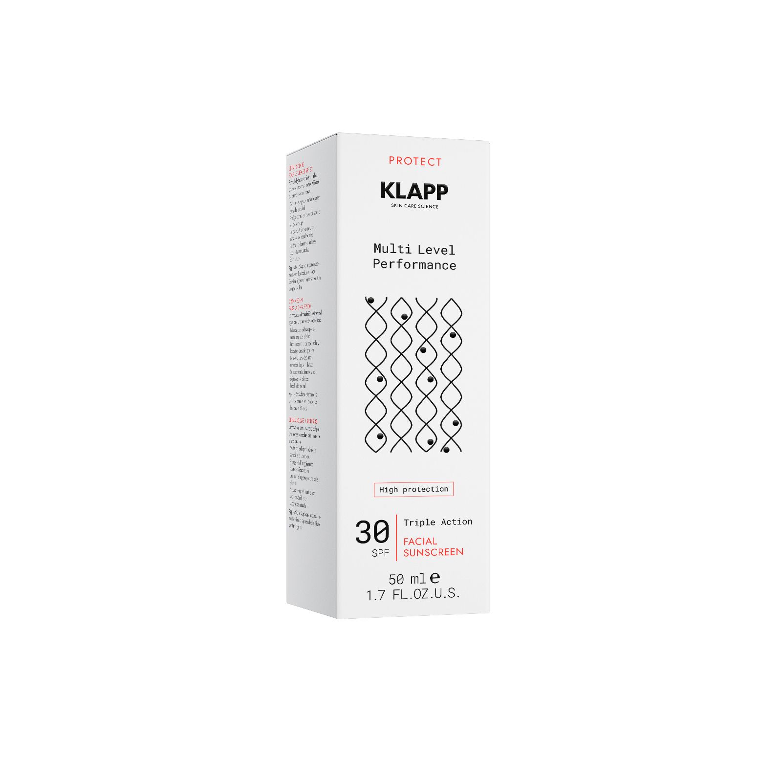 Weißer Karton mit Produktinformationen. Aufschrift: KLAPP, Multi Level Performance, 30 SPF, Triple Action Facial Sunscreen.