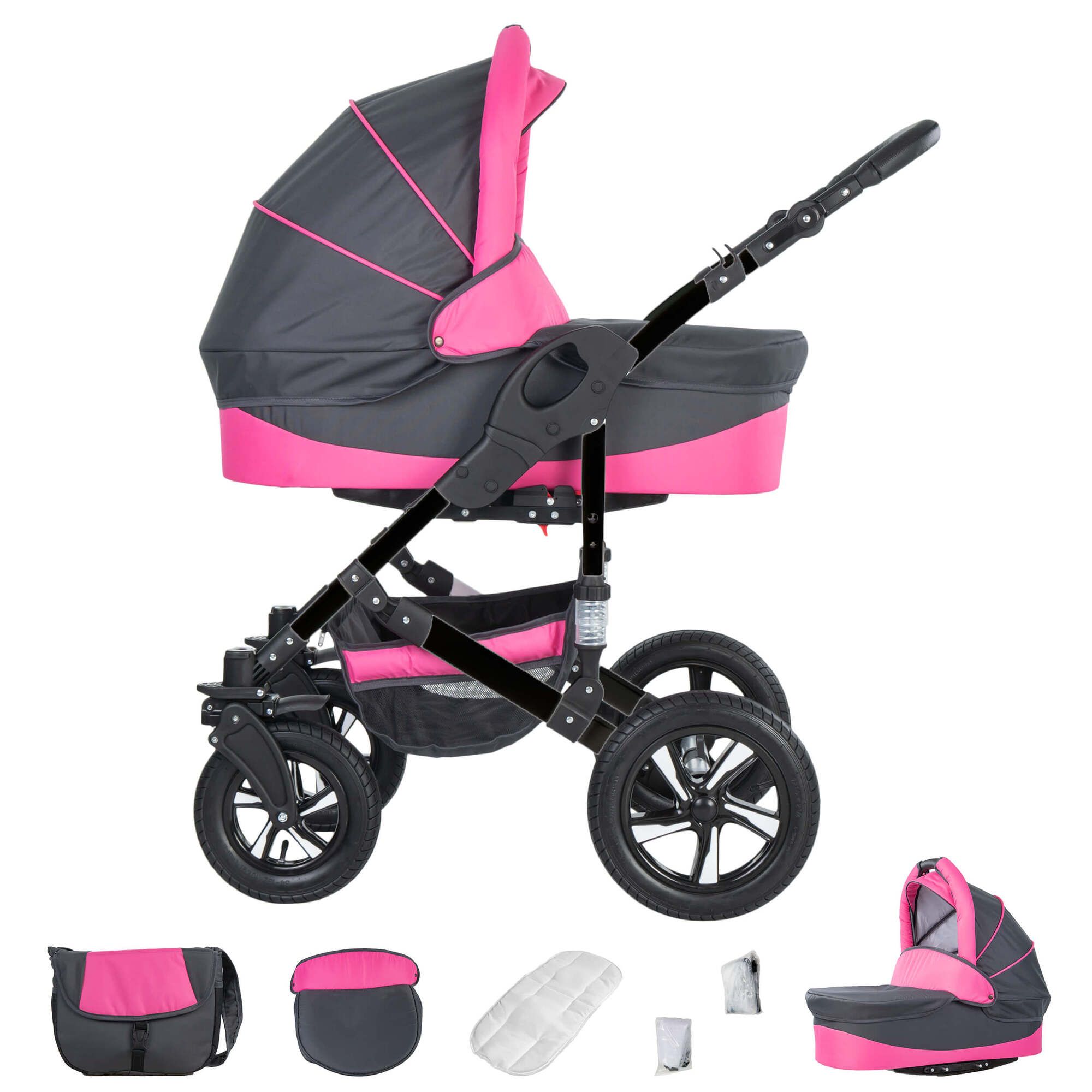 Friedrich Hugo Münster 4 in 1 Kinderwagen Komplettset ISOFIX Basis Luftreifen, Grey & Pink