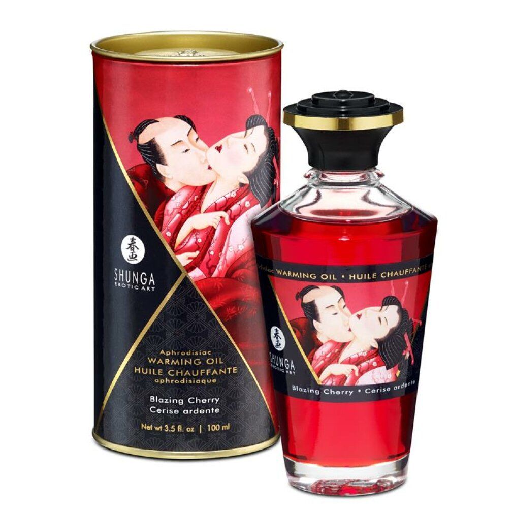 Rote Glasflasche und Dose mit Etiketten. Kirschöl. Aufdruck: Shunga, Blazing Cherry.
