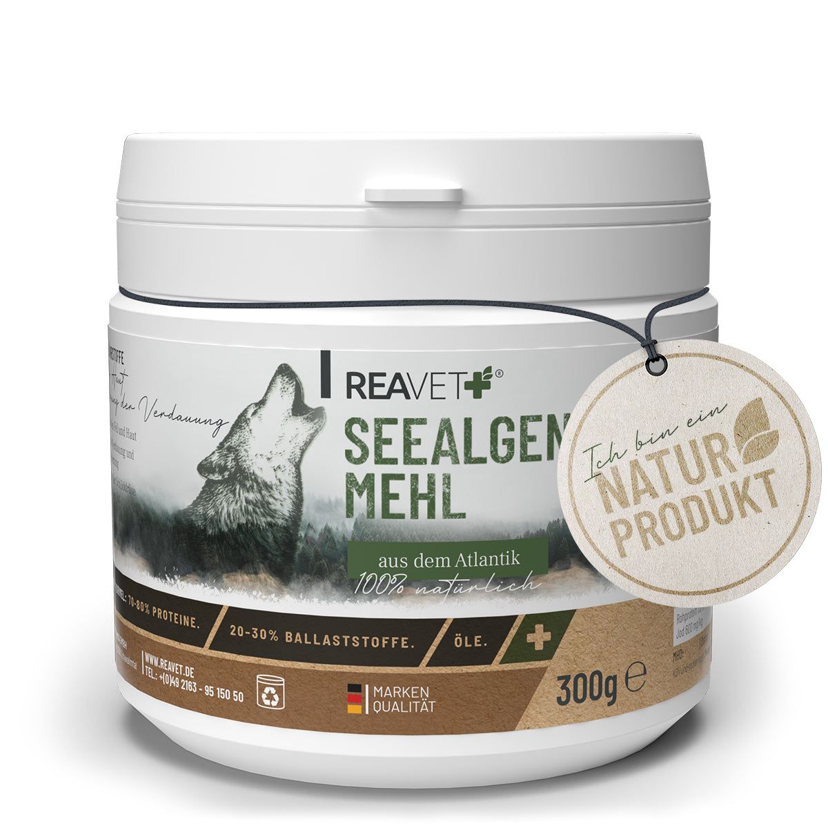 Weiße Dose mit Deckel, Etikett mit Wolf, Produktname und "Naturprodukt"-Siegel. Text: Seealgenmehl, aus dem Atlantik, 300g.