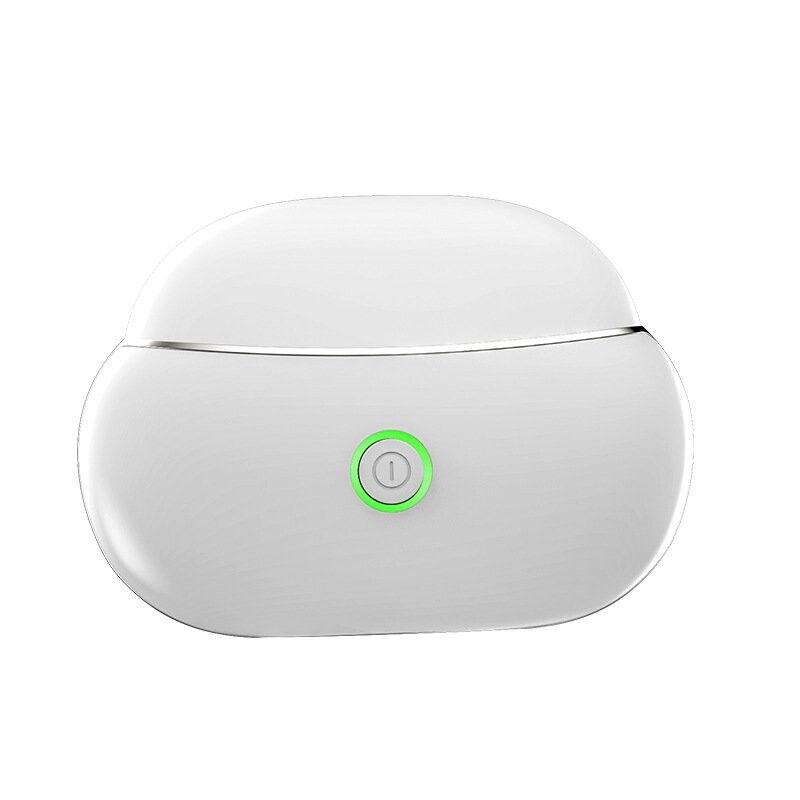 Weißes LED Gua Sha Gesichtslifting-Therapiegerät mit silberner Umrandung und grünem Einschaltknopf.