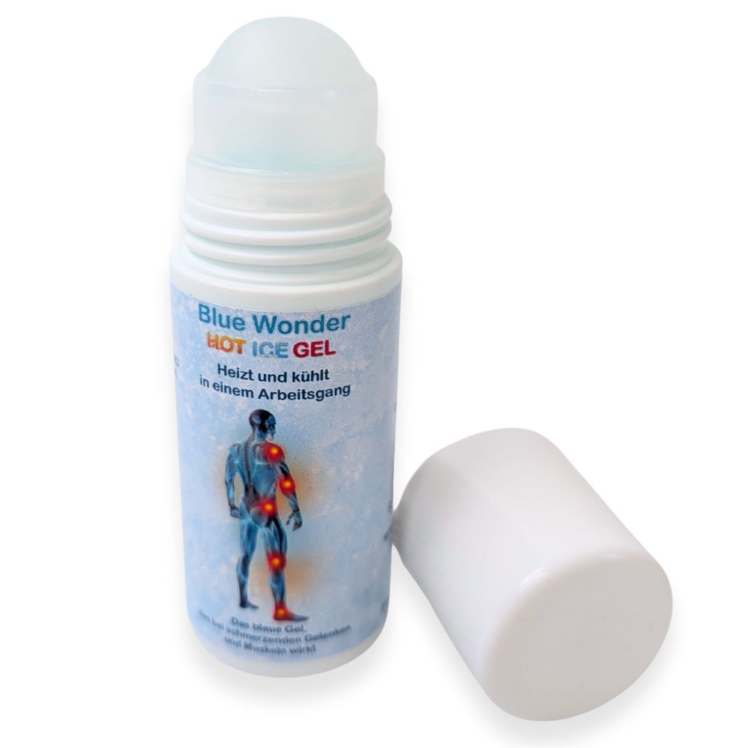 Roll-on-Flasche mit abgenommenem Deckel. Beschriftung: Blue Wonder HOT ICE GEL. Abbildung eines Mannes mit Schmerzpunkten.