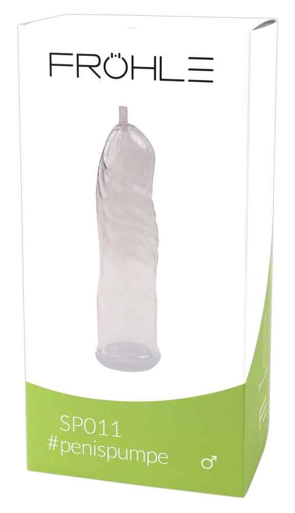 Produktverpackung mit transparentem Zylinder. Marke FRÖHLE, Modell SP011, Hashtag #penispumpe, grüner Akzent.