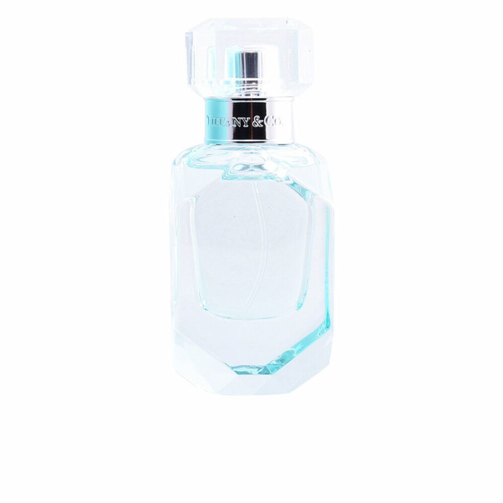Glasflakon mit hellblauer Flüssigkeit. Transparenter Deckel. Silberfarbener Hals mit Schriftzug Tiffany & Co.