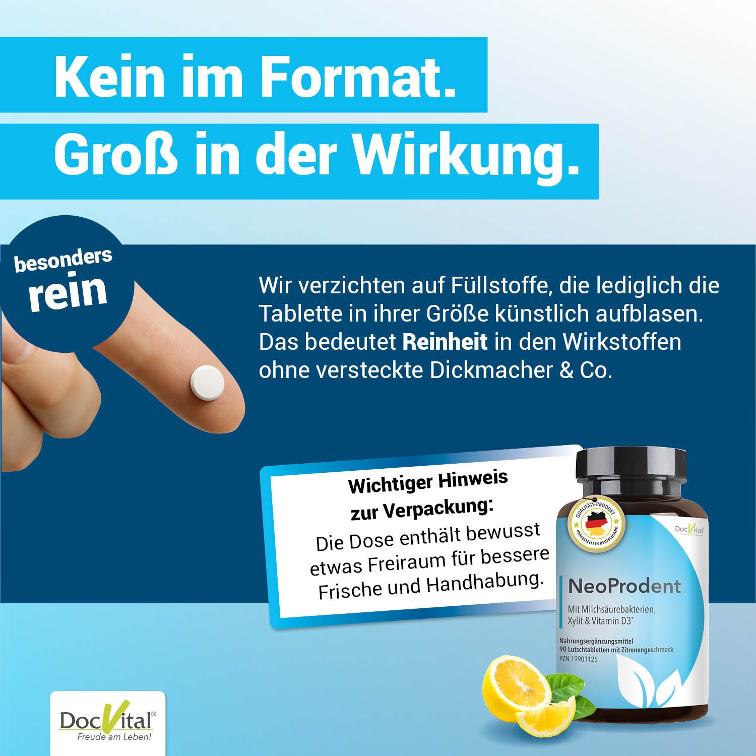 DocVital NeoProdent Flasche mit 90 Lutschtabletten, Zitronengeschmack, mit Zitronenscheiben.