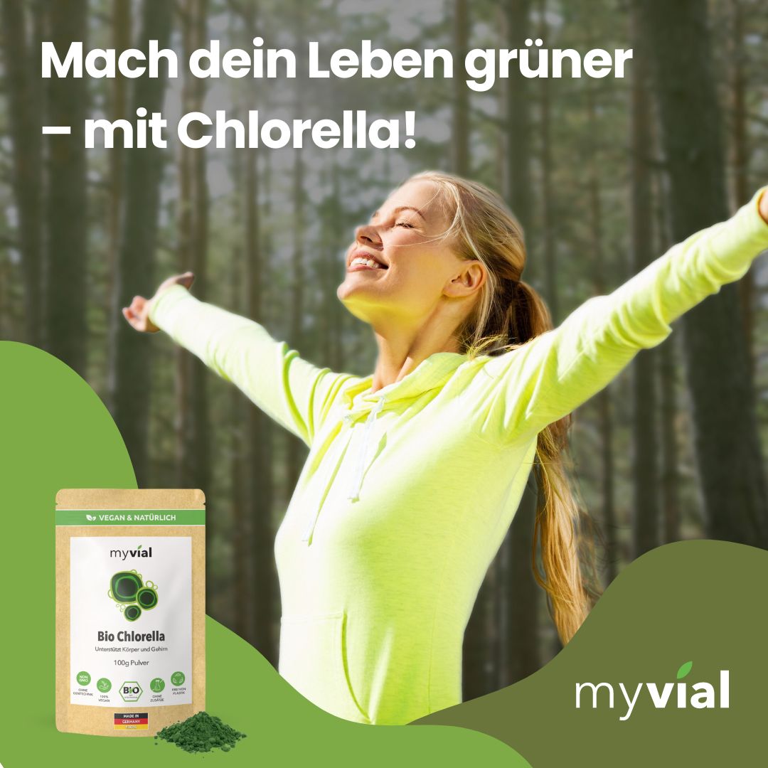 myvial® Bio Chlorella Pulver - 100 g mit Eisen & B12 - aufgebrochene Zellwand - vegan