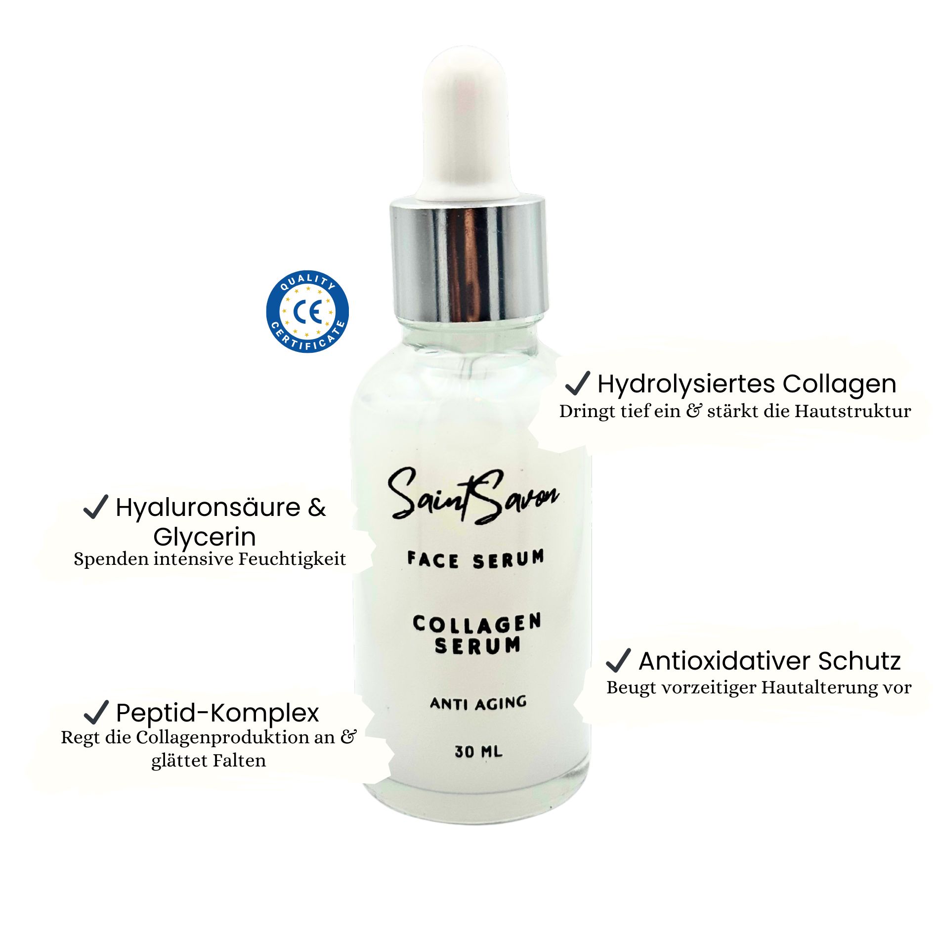 Glasflasche mit weißem Serum, silberner Pipette, Aufschrift Saint Savon, Face Serum, Collagen Serum, Anti Aging, 30 ml. Mit Zertifizierung.