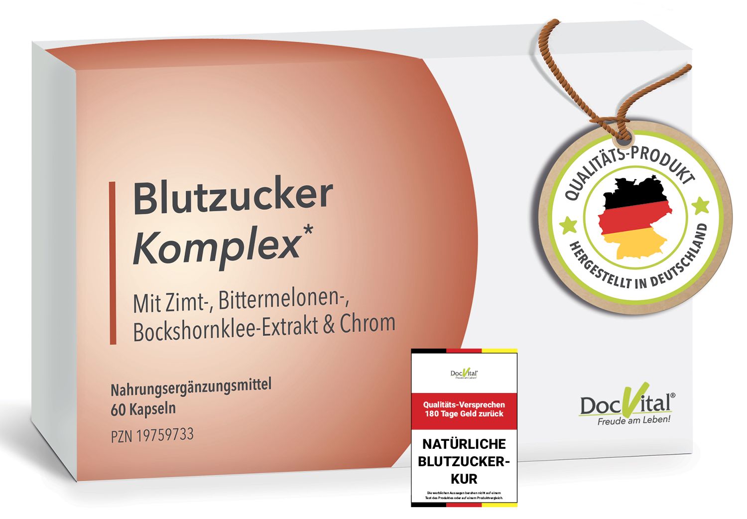 Produktverpackung mit Schriftzug Blutzucker Komplex, 60 Kapseln. Enthält Zimt, Bittermelonen-Extrakt & Chrom. Mit Qualitäts-Siegel.