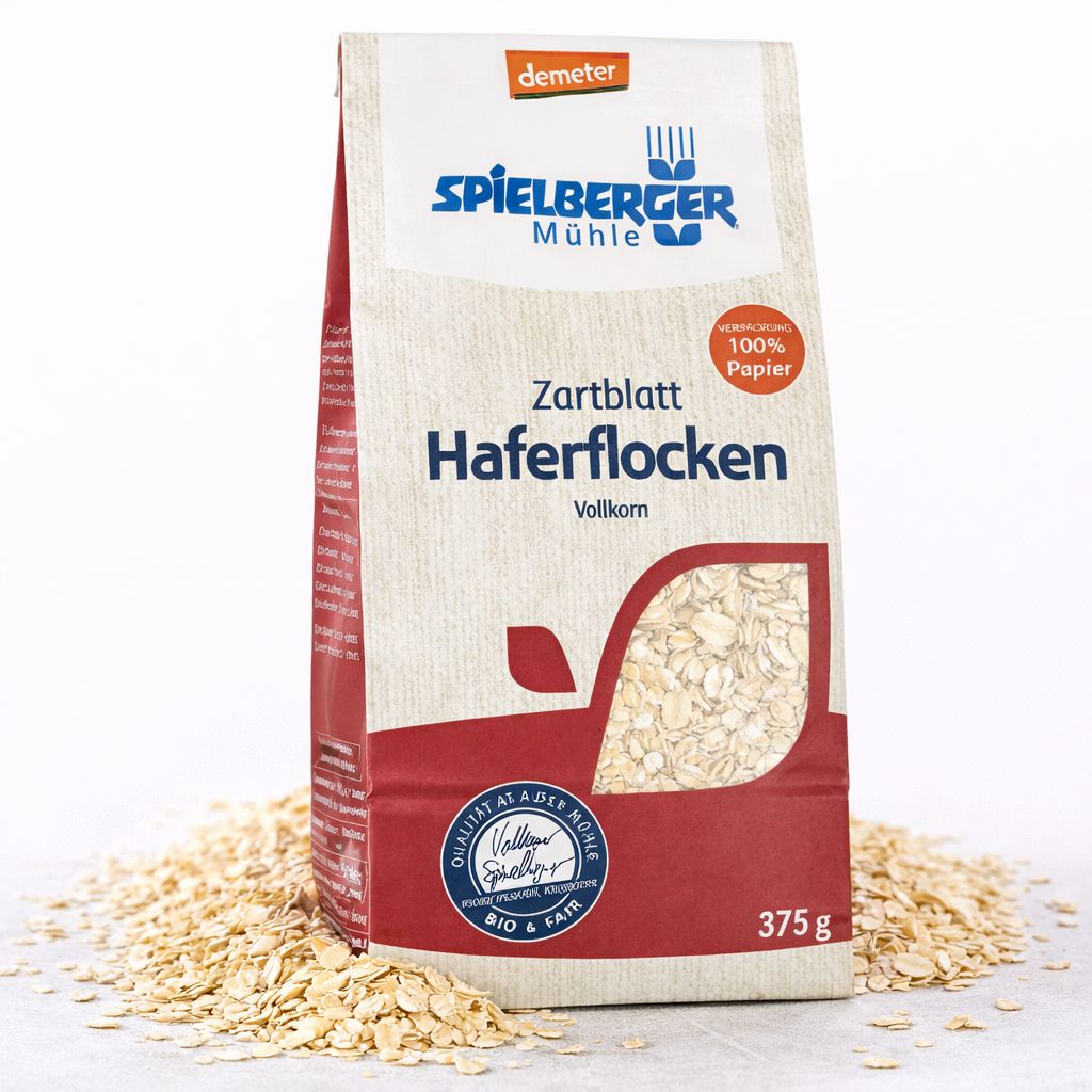 Packung Spielberger Mühle Zartblatt Haferflocken, 375g, umgeben von Haferflocken, mit Demeter Siegel.