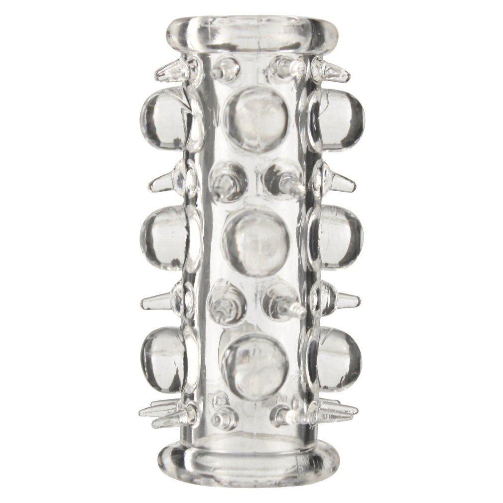 Transparentes Silikon Sleeve mit Noppen und Erhebungen. Zylindrische Form. Produkt ohne Verpackung.