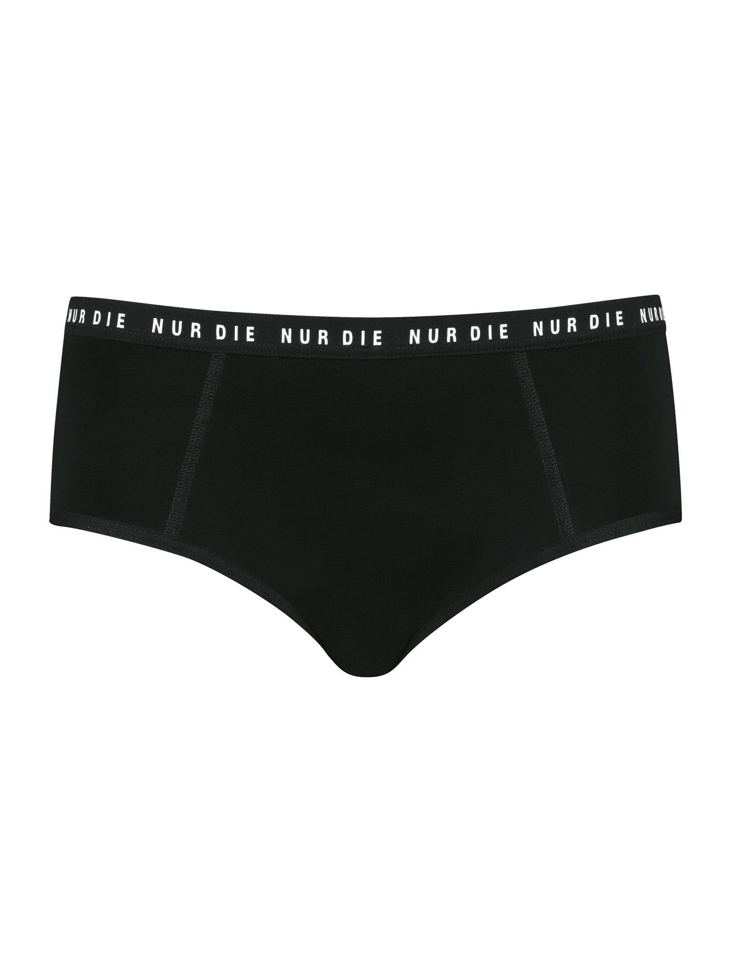 Schwarze Periodenunterwäsche mit weißem Logo am Bund. Vorderansicht.
