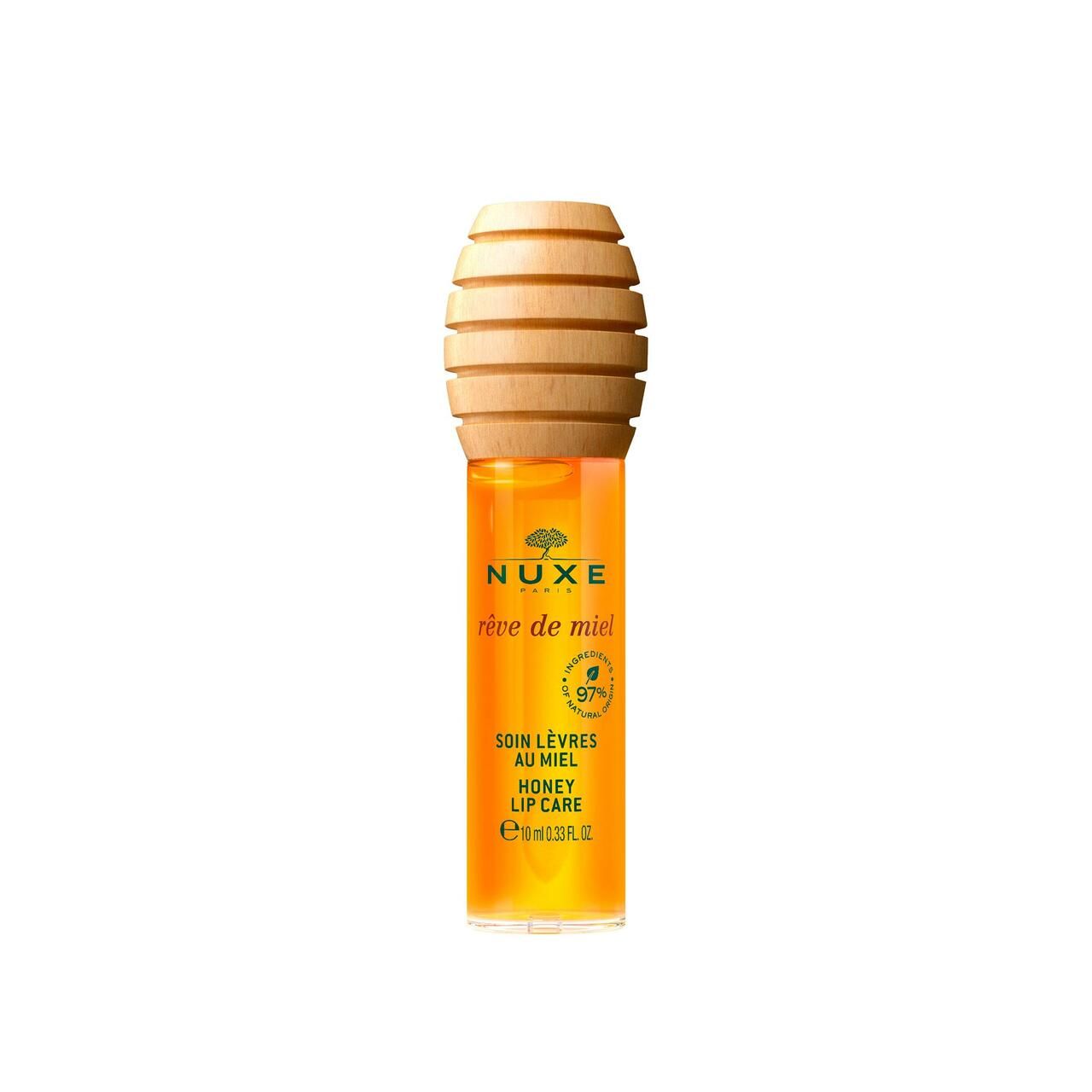NUXE Rêve de Miel® Lippenpflegeöl. Flasche mit Holzaufsatz. Aufschrift: Honey Lip Care.