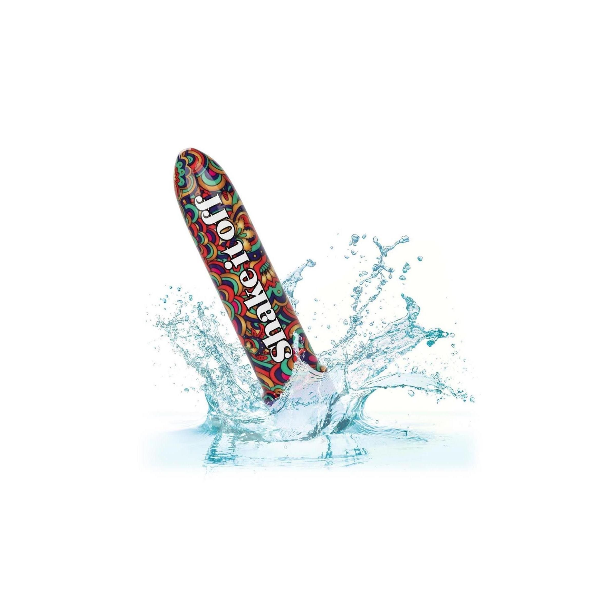 Mini-Vibrator im Wasser. Buntes Muster, lila Basis. Aufschrift "Shake It Off".