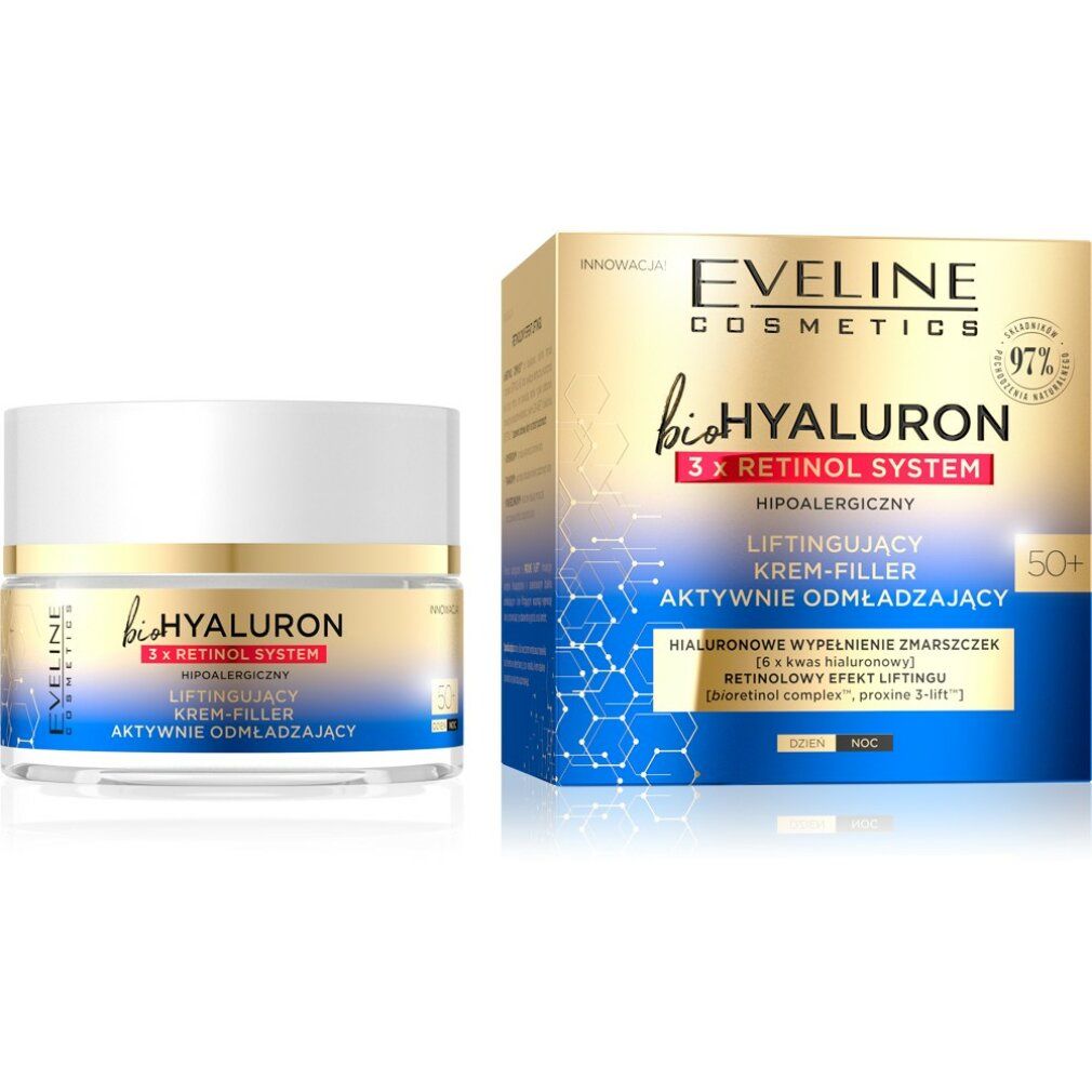 Creme-Filler-Produkt und Verpackung. Aufschrift: bioHYALURON 3xRetinol System, Lifting, 50+. Goldfarbene Verpackung mit blauen Akzenten.
