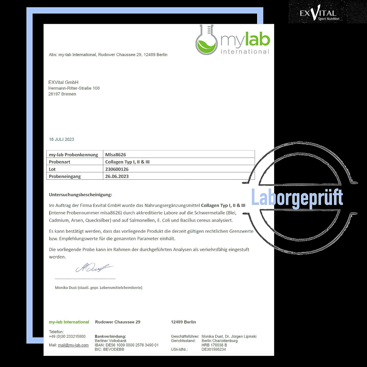 Laborbericht von mylab International für EXVital Collagen Typ I, II & III.
