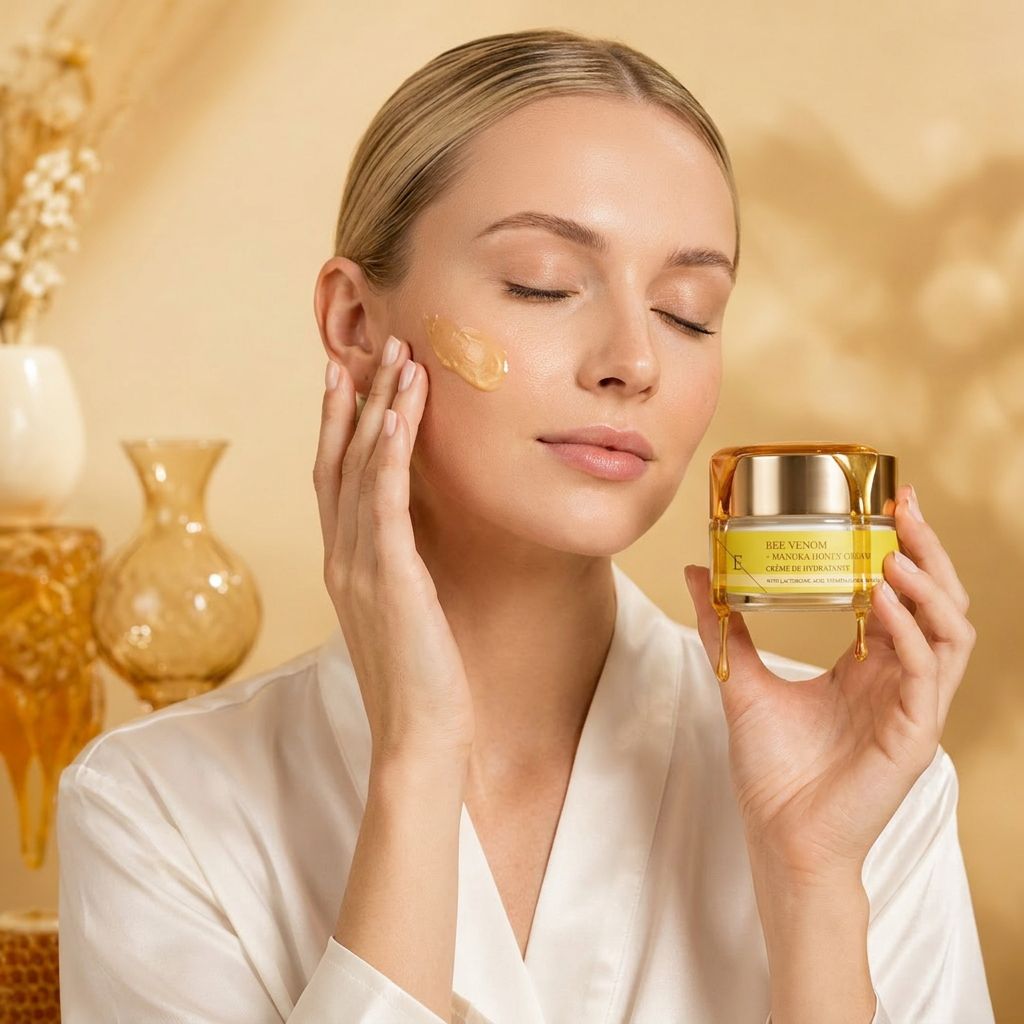 Frau trägt ErthSkin London Bienengift + Manuka-Honigcreme auf ihr Gesicht auf.