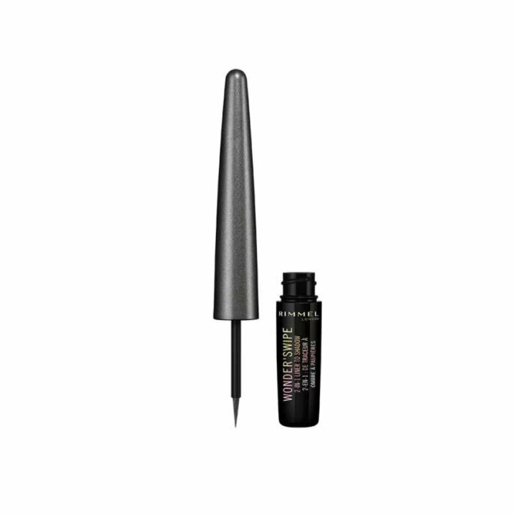 Eyeliner-Flakon und Applikator. Flakon schwarz, Applikator silbergrau. Aufschrift: Rimmel London Wonder Swipe.