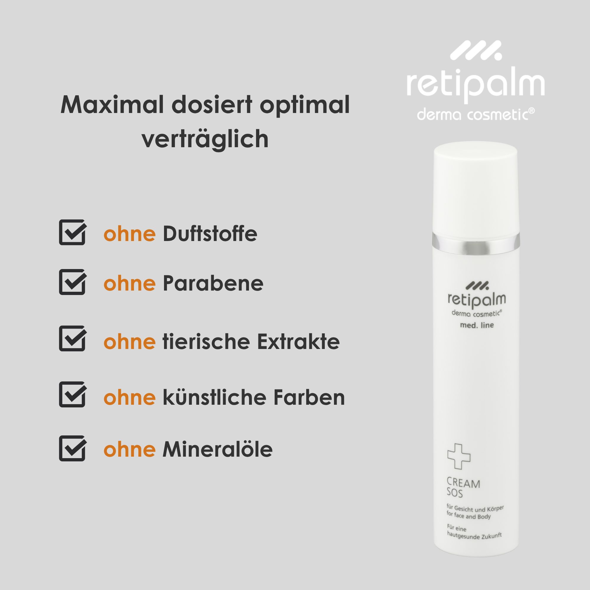 Retipalm Cream SOS Spender mit Liste der Inhaltsstoffe.