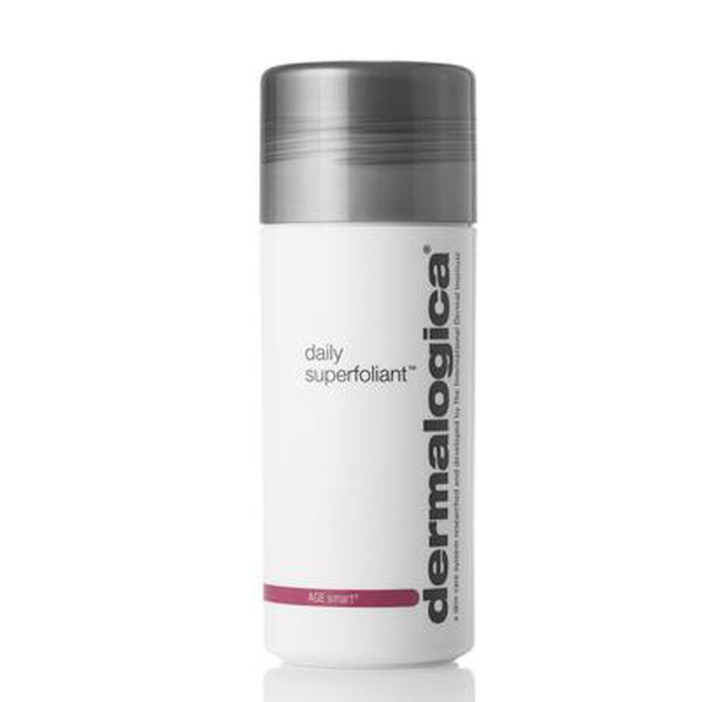 Weißer Behälter mit grauem Deckel. Aufschrift: daily superfoliant, AGE smart. Mit dermalogica Logo.