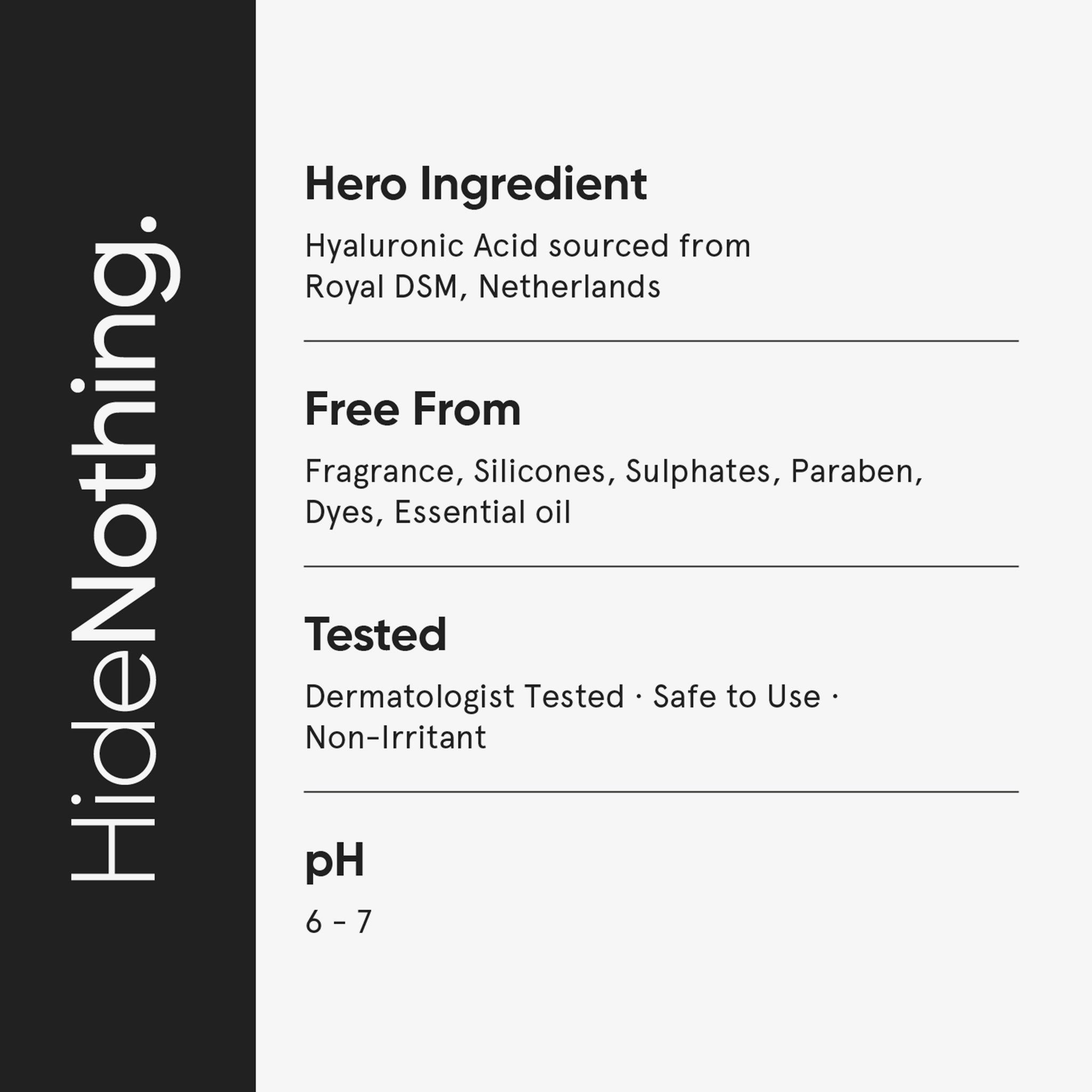 Text-Infografik: „Hero-Inhaltsstoff: Hyaluronsäure“. „Frei von“: Duftstoffen, Silikonen, Sulfaten, Parabenen, Farbstoffen, ätherischen Ölen.